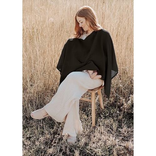 Konssy Muslin Nursing Cover for Breastfeeding, 360° Full Privacy Breathable 100% Cotton Breastfeeding Cover, Multi-use Carseat Canopy(Black)