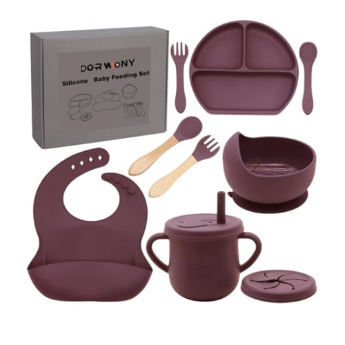 100% Silicone Baby Feeding Set, BPA Free Dishes With Suction Bowl, Divided Plate, Toddler Self Feeding Utensils, Spoons, Forks, Sippy Cup and Bib (Dark Red)