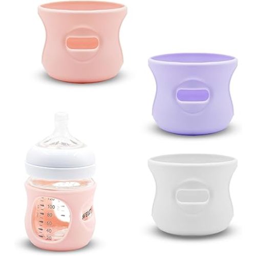 Silicone Sleeve for Philips Avent Glass Baby Bottle 4 oz, Glass Baby Bottle Sleeves, Thermal Insulation Heat Retention, Safe Soft Premium Non-Slip Silicone Cover, 3 Pack (White Purple Pink, 4 oz)