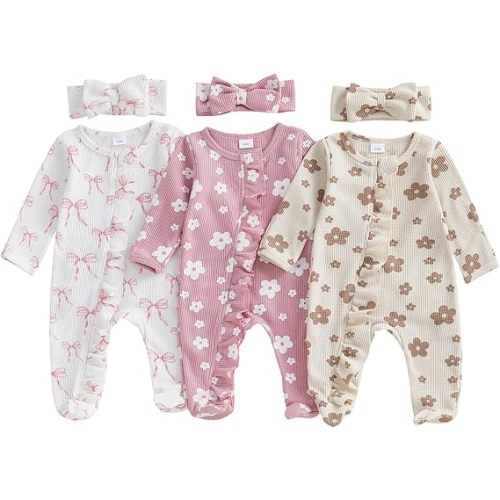 mlpeerw Newborn Baby Girl Clothes Bow Floral Footed Jumpsuit Ruffle Zipper Romper And Headband Cute 6pcs Coming Home Outfit