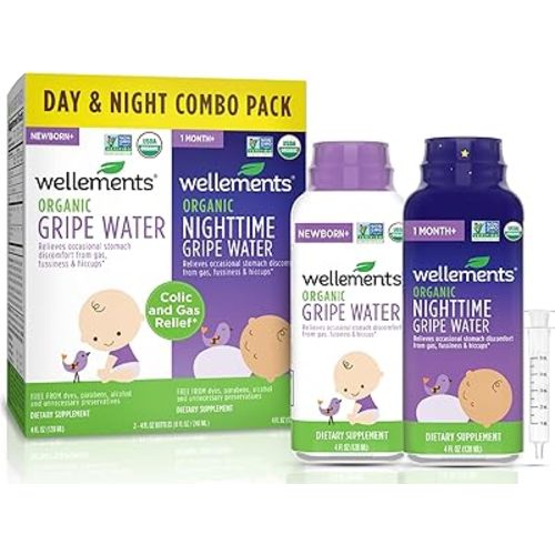 Wellements Organic Gripe Water for Babies Day & Night Combo Pack (4 Fl Oz) - Infant Gripe Water Newborn Calms Occasional Stomach Discomfort from Baby Gas, Colic, Hiccups & Fussiness - USDA Certified