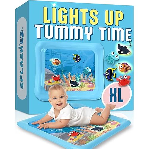 SplashEZ Lights Up Tummy Time Water Mat for Babies, Large Baby Water Mat Tummy Time for Sensory Play with LED Glowing Fishes, Inflatable Fun Play Pad for Infants & Toddlers 3 to 36 mo