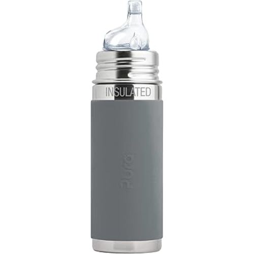 Pura Kiki 9oz/260ml Stainless Steel Insulated Sippy Bottle w/Sleeve, Plastic-Free, MadeSafe Certified, Medical-Grade Silicone Sipper Spout Fast Flow Rate for Kids, Toddlers, Babies & Infant – Slate
