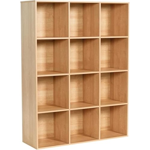Wooden 12-Cube Storage Organizer with Closed Back Panel, 11in Cube Shelf Opening, Bookshelf, Display Shelf,Closet Cabinet for Home and Office,Natural Oak