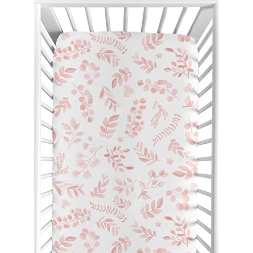 Sweet Jojo Designs Blush Pink and White Floral Leaf Girl Fitted Crib Sheet Baby or Toddler Bed Nursery - Boho Chic Bohemian Watercolor Botanical Flower Woodland Tropical Garden Leaves Pastel Nature