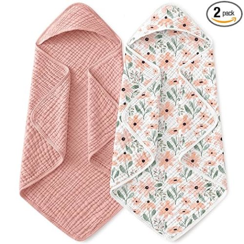Yoofoss Hooded Baby Towels for Newborn 2 Pack 100% Muslin Organic Cotton Baby Bath Towel with Hood for Babies, Infant, Toddler and Kids, Large 32x32Inch, Soft and Absorbent Newborn Essential