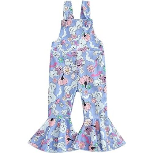 YOKJZJD Toddler Baby Girl Halloween Outfit Pumpkin Ghost Suspender Romper Jumpsuit Overalls Bell Bottom Pants Fall Clothes