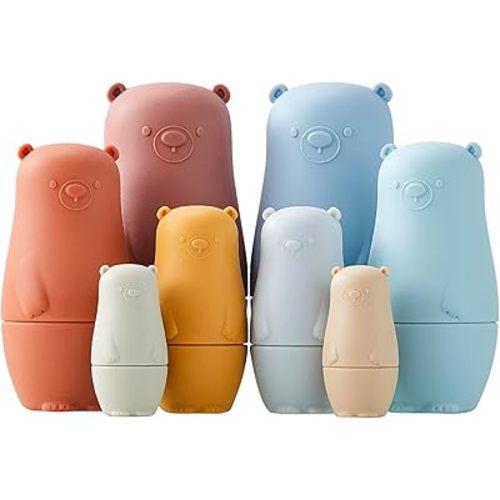 Chivao 8 Pieces Russian Nesting Dolls Silicone Matryoshka Doll Educational Stacking Nesting Dolls for Toddlers Vivid Food Grade Baby Teether for Kids(Bear)