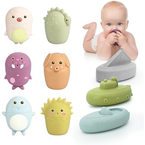 Mold Free Silicone Bath Toys, 9 PCS Baby Bath Toy for Infants 6-12 Months, Soft Chewable Teething Bathtub Toy w/ Water Pouring Games & Floating Games, Early Educational Learning Toy for Boys & Girls…