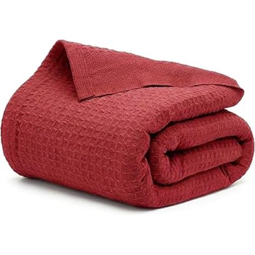 100% Cotton Waffle Blanket, Twin Size 68"x92" – Lightweight All Season Throw Blanket for Couch, Bed & Bedroom, Soft Modern Cozy Cotton Blanket (Red)