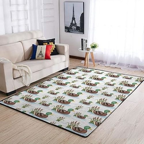 Cartoon Mallard Duck Lake Leaves Throw Rugs Duck Hunting Reeds Area Rugs Wild Duck Floor Carpet Mat Large Rugs for Kids Nursery Bedroom Kitchen Living Room Bathroom Laundry Home Decor 48x72inch