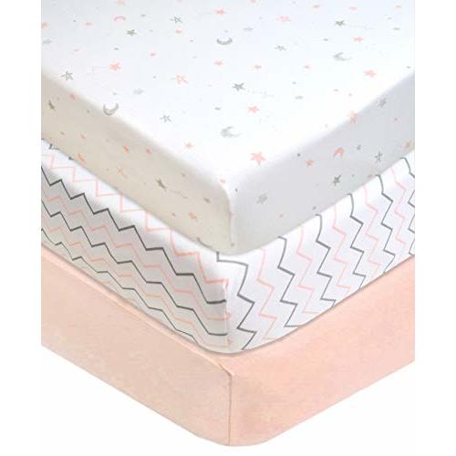 American Baby Company 100% Natural Cotton Value Jersey Knit Fitted Portable/Mini-Crib Sheet, Pink Star/Zigzag, 24" x 38" x 5", Soft Breathable, for Girls, Pack of 3