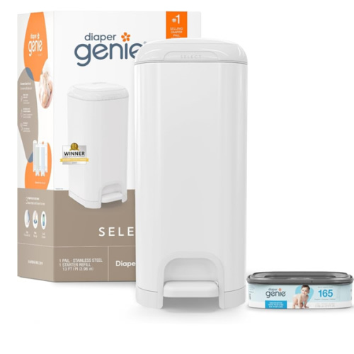 Diaper Genie Select Pail is Made of Durable Stainless Steel and Includes 1 Starter Square Refill That can Hold up to 165 Newborn-Sized Diapers.