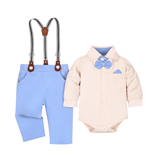DOMOABEI Baby Boy Clothes Gentleman Outfits Infant Bodysuit Long Sleeve Shirt with Bowtie Suspender Pants Suits Set 0-18M