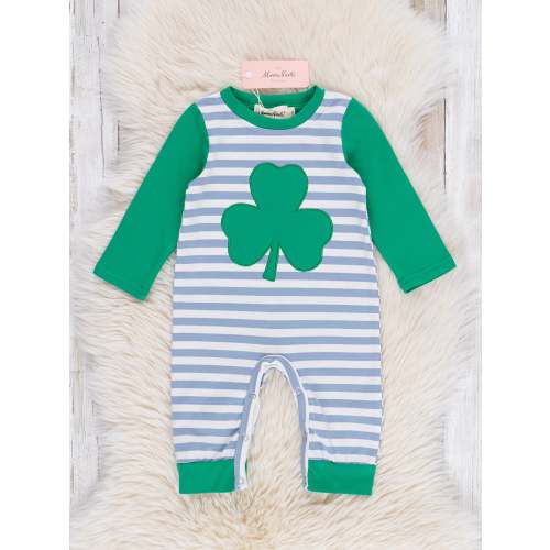 Grey Striped Green Embroidered Shamrock Romper