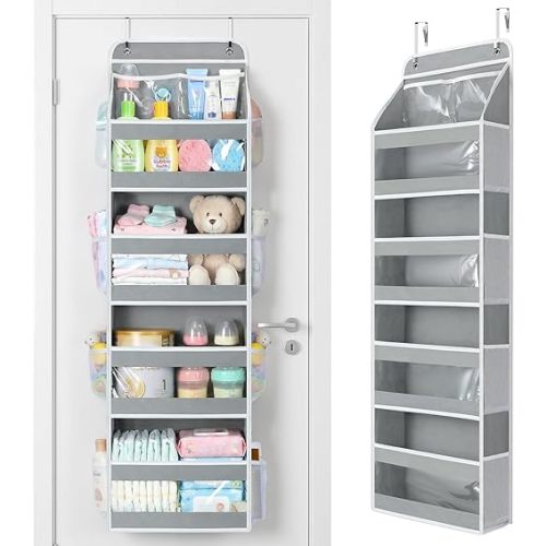 Yecaye 5 Tier 1Pc Over the Door Organizer, Stuffed Animal Storage with Clear PVC Windows, Door Organizer Hanging for Bedroom Nursery Closet Dorm Room Laundry Pantry Bathroom, Grey