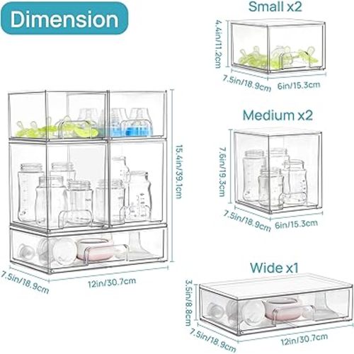 Vtopmart Stackable Storage Drawers Set of 5, Clear Plastic Organizer Bins for Baby Bottle, Beauty Supplies Storage, Ideal for Kichen Countertop, Vanity, Bathroom, Cabinet, Pantry Organization