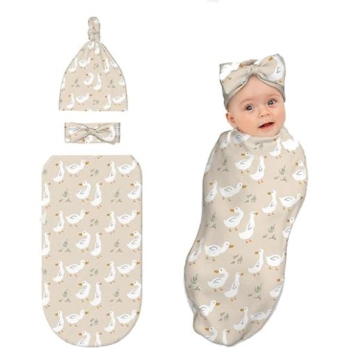 Goose Baby Stuff Swaddle Blanket with Headband and Beanie Set, Newborn Receiving Blanket Outfit Infant Shower Gift for Boys Girls