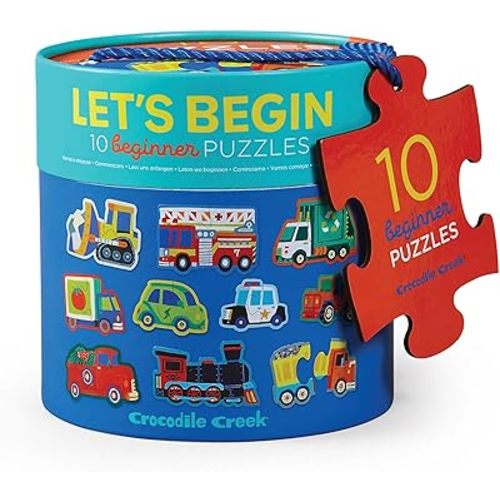 Crocodile Creek Let’s Begin Puzzle, Ten 2-Piece Beginner Puzzles for Ages 2+, Heavy-Duty Canister for Storage, Each Puzzle is Approximately 6 x 4 inches, Colorful Vehicles Design