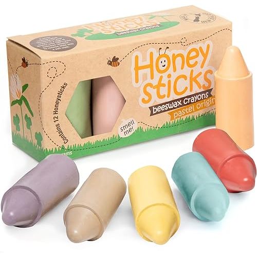 Honeysticks 100% Pure Beeswax Crayons (12 Pack) - Pastel Colored, Non Toxic Crayons, Safe for Babies and Toddlers, For 1 Year Plus, Made with Natural Beeswax and Food-Grade Colors, Eco-Friendly