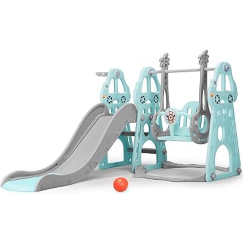 Rengue 4 in 1 Toddler Slide and Swing Set, Indoor Playground for Age 1-6 Kids Baby with Basketball Hoop, Climber Outdoor Slide Toddlers Playset for Boys and Girls Backyard Playground, Mint Green