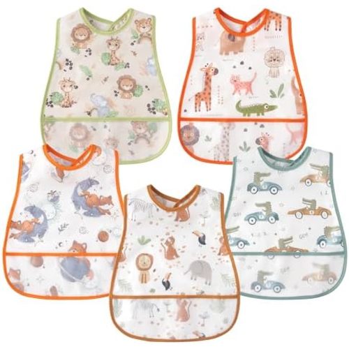 R HORSE 5Pcs Baby Bibs Set Toddler Bibs with Crumb Catcher Pocket & Snap Button Waterproof Baby Feeding Bibs for 6-24 Months