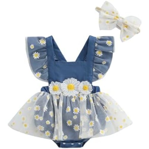 Newborn 3 6 9 12 18 Months Baby Girls Romper Dress Summer Clothes Daisy Embroidery Tulle Bodysuit Infant Outfit