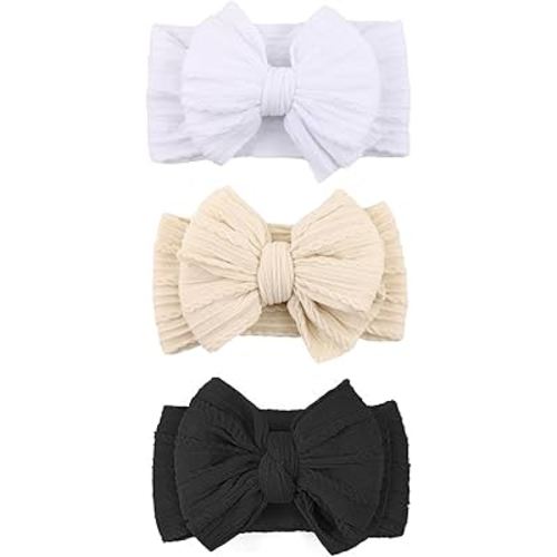 3 Pcs Baby Bows Headbands Nylon Hairbands Baby Girl Bows Hair Accessories For Infant Toddler Essentials(Black Beige White, Mid)