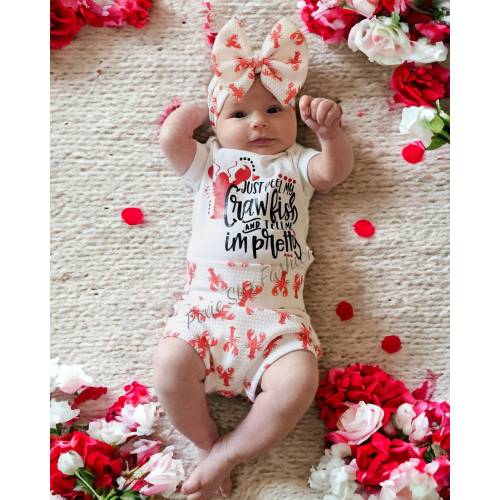 Just Peel My CRAWFISH & Tell Me I'm Pretty 3- Pc Outfit/Crawfish Bummie Set/Kids Crawfish Boil Shirt/Crawfish Bow/Crawfish Shorts/Crawfish
