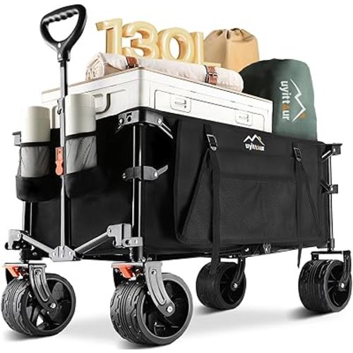 Collapsible Folding Wagon Cart Heavy Duty Foldable, Beach Wagon with Big Wheels for Sand, Utility Grocery Wagon with Side Pocket and Brakes for Camping Sports Outdoor Activities, Black