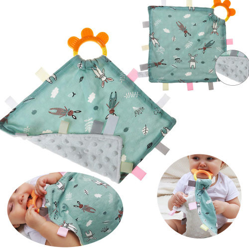 LNKOO Baby Tags Security Blankets - Baby Soothing Plush Blanket with Colorful Tags& Teether Square Sensory Toys 11 x 11 inches for 0-12 Months Babies