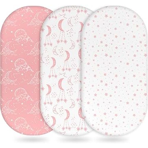 Baby Bassinet Sheets Girl Boy, Fitted Bassinet Sheet Set 3 Pack Bassinet Mattress Sheets Universal Fit for Rectangle, Round, Oval, Hourglass Mattress, Soft Breathable Pink White Moon