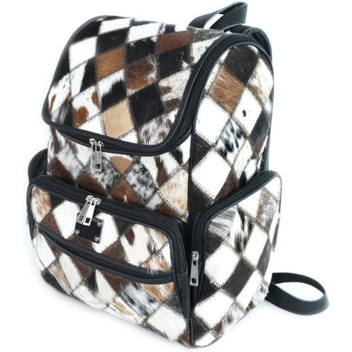 Cowhide Western Patch Leather Backpack | Cow Print Large Travel Black Diaper Bag Gift For Mom