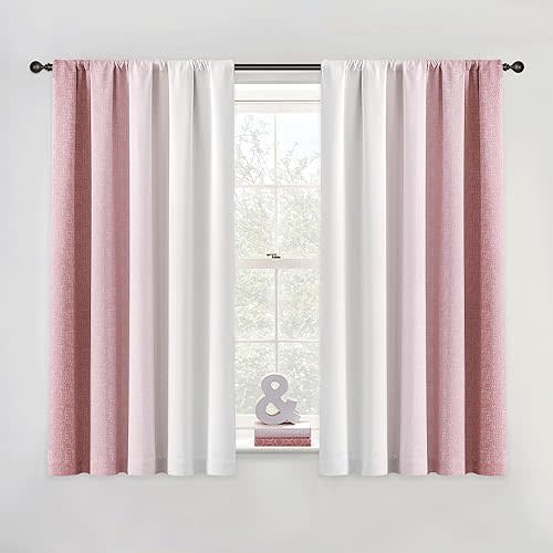 Ombre 100% Blackout Curtains 54 Inch Length 2 Panels for Girls Room Bedroom Pink White Gradient Patterned Room Darkening Privacy Thermal Insulated Rod Pocket Window Treatment Drapes