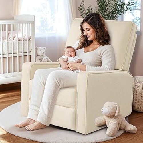 Swivel Rocker Recliner Chair, Nursery Rocking Chairs, Nursery Glider Recliner, Glider Rocking Chair with Lever Handle for Living Room, Beige