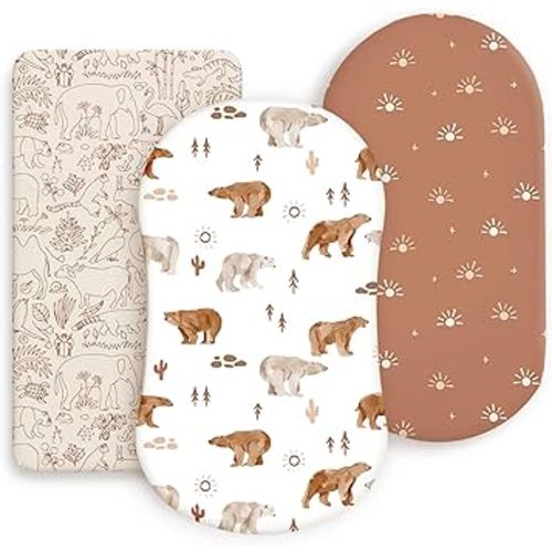 GRSSDER Stretchy Ultra Soft Bassinet Sheet 3 Pack, Universal Fit for Bassinets Baby Cradle Moses Basket Oval Rectangle Mattress or Changing Table Pad Safe and Snug, Stylish Print of Sunny Bear