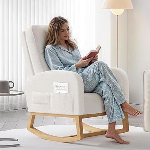 Nursery Rocking Chair - Boucle Glider Rocker with High Backrest & 3 Side Pocket - Glider Recliner Upholstered Armchair with Solid Wood Legs - Ideal for Living Room, Bedroom, or Baby's Room (Ivory)