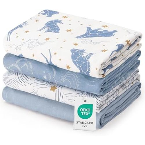david's kids Muslin Swaddle Blankets, 4 Pack Organic Cotton Baby Blankets, Breathable Soft Receiving Blanket for Boys Girls, Newborn Essentials, Large 47 x 47 inches, Star