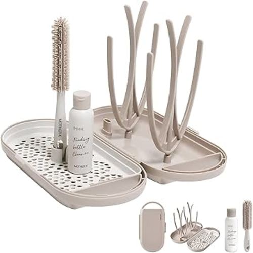 MOTHER-K Travel Baby Bottle Drying Rack Set, Including Bottle Brush and Travel Bottle, for Working Mom or Camping with Baby (Cream Mocha)