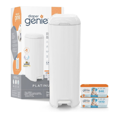 Diaper Genie Platinum Pail Gift Set, Lily White, Made of Durable Stainless Steel and Includes 2 Easy Roll Refills with 18 Bags and 30 Bags