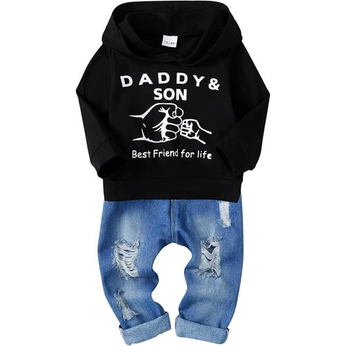 WESIDOM Baby Boy Clothes, Long Sleeve Printing Hoodie With Jeans Pants Outfits Set