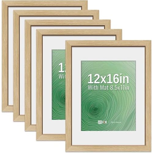 VCK 12x16 Picture Frame 5 Pack - Natural Oak, High-End Wood Poster Frames with Tempered Glass, Display 8.5x11 Photo with Mat or 12x16 without Mat, Art Gallery-Quality, Wall Hanging, Natural Oak