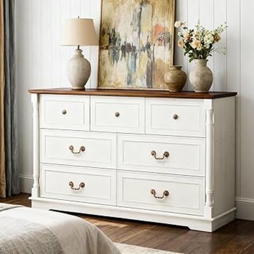 52" Farmhouse 7 Drawer Dresser for Bedroom,Tall Wide Wood Country Rustic Chest of Drawers,Column Decor,Retro Handle,Natural Texture,Wood Vintage TV Stand,Antique White