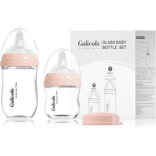 Natural Glass Baby Bottle Newborn Set, 3 oz and 5 oz with Extra Slow Flow & Slow Flow Nipple, Anti Colic, 0-3 Months, 2 Pack - Pink
