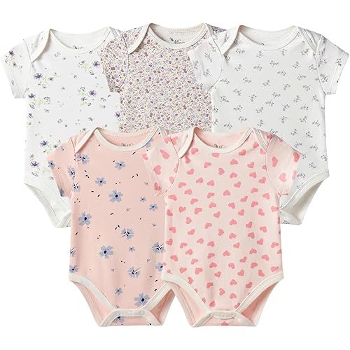 Baby Girls Short-Sleeve Bodysuit,100% Cotton 5 Pack of Baby Girls Clothes,0-24 Months Soft Breathable Summer/Spring Rompers
