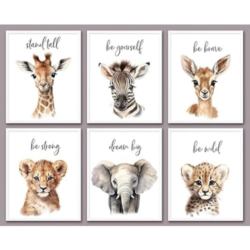 6 PCS Cartoon Animals Wall Art Nursery Decor Cute Giraffe Leopard Zebra Deer Elephant Inspirational Wall Decor Unframed Posters Nursery Print Paintings Artwork for Home Bedroom Living Room 8x10 In