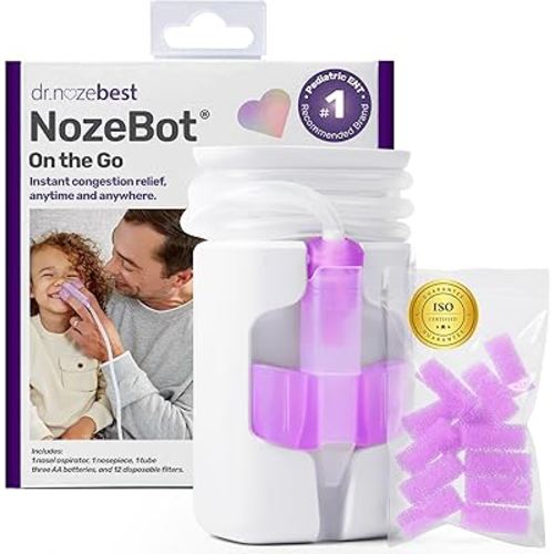 Dr. Noze Best NozeBot On The Go Nasal Aspirator - Pediatric ENT Designed Electric Nose Sucker for Babies and Toddlers, Portable and Easy to Clean, Battery Powered Relief for Mild Congestion