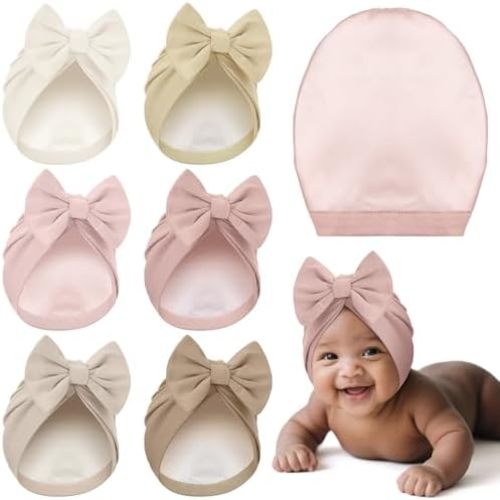 6 Pcs Newborn Satin Bonnet for 0-6 Months Silky Satin Lined Stretchy Baby Turban Hats with Bow for Infant Toddler