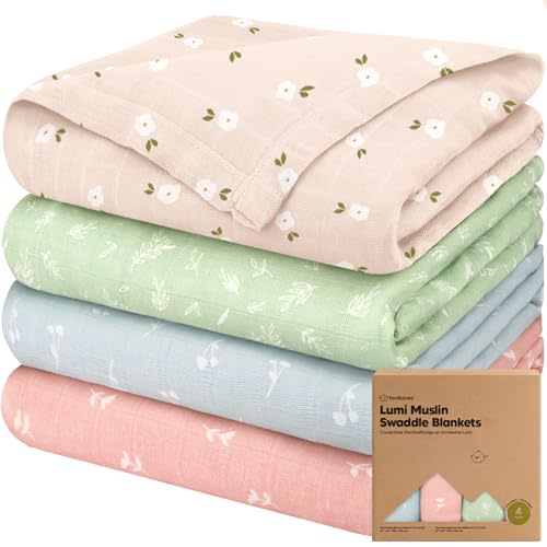 4-Pack Muslin Swaddle Blankets for Boys, Girls - Organic Baby Swaddles for Newborns, Soft & Breathable Receiving Baby Blankets for Girl, Boy, Neutral, Newborn Essentials Gift (Bloom)