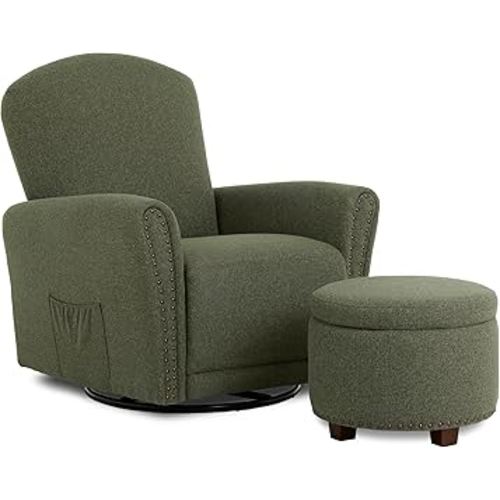 Evolur Vienna Swivel Glider with Ottoman, 360° Swivel, Nailhead Trim Design, Greenguard Gold & FSC-Certified, Nursery Chair in Rosemary Green